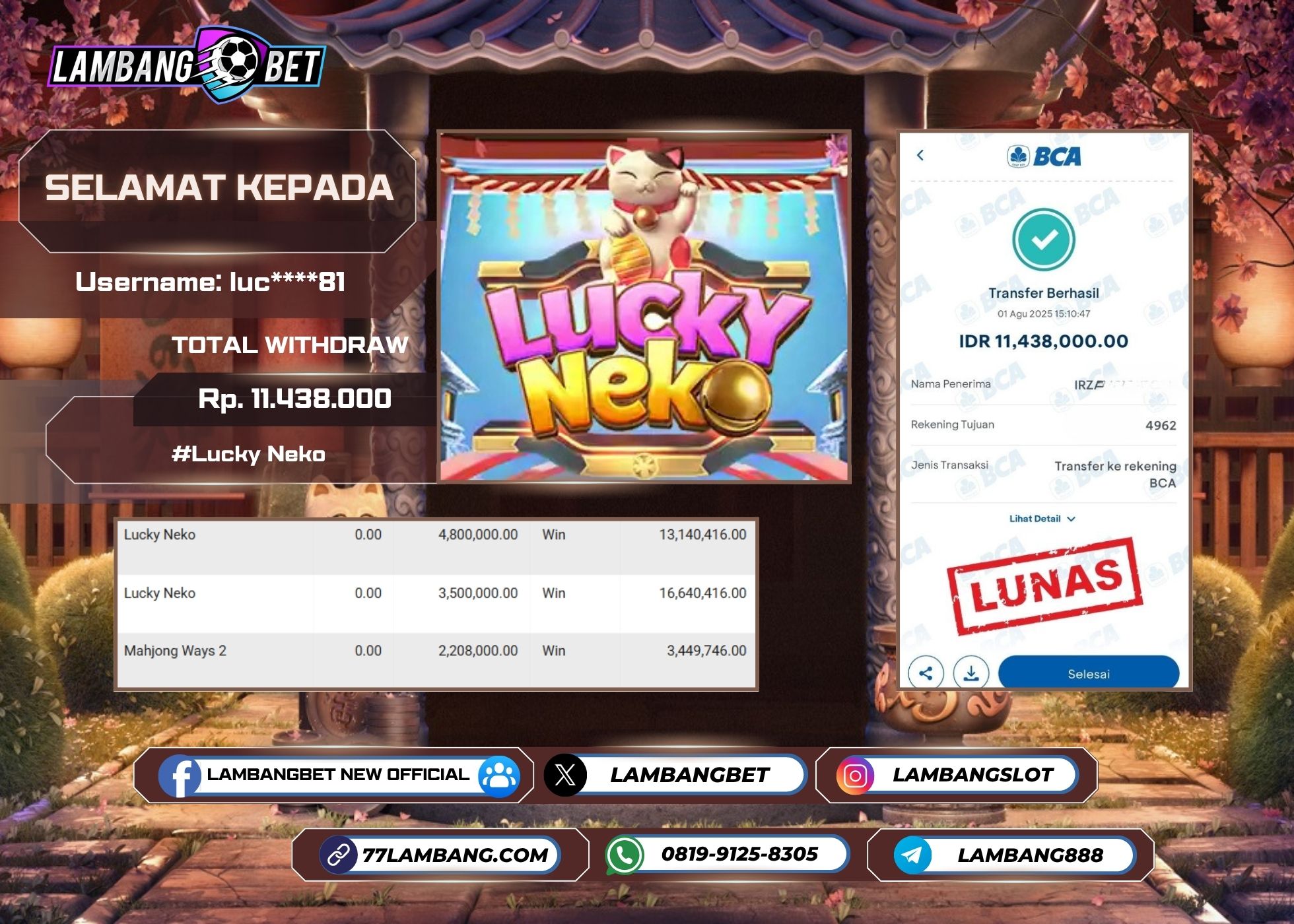 LAMBANGBET [1 AUGUST 2025] JACKPOT SLOT Lucky Neko "Rp11.438.000" LUNAS